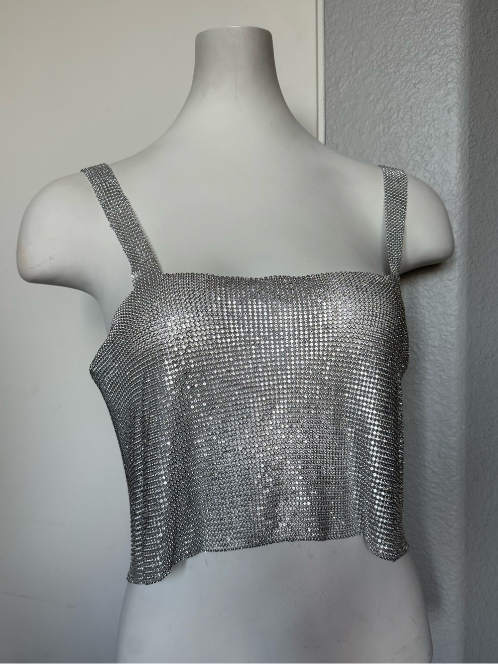 NWT Forever 21 Silver Rhinestone Mesh Crop Tank Top